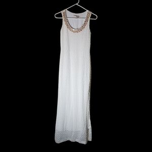 Boston Proper Beaded Neckline Lace Overlay Maxi Dress Slit Cream Vacation Boho